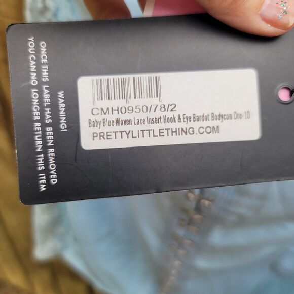 PrettyLittleThing Blue Lace Inset Hook & Eye Bardot Bodycon Dress Womens Size 6 - Picture 6 of 12